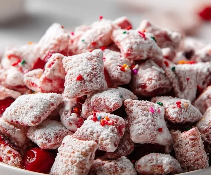 Delicious Cherry Cheesecake Puppy Chow dessert in a bowl.