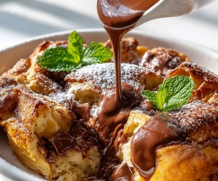 Delicious chocolate croissant bread pudding topped with chocolate drizzle and whipped cream