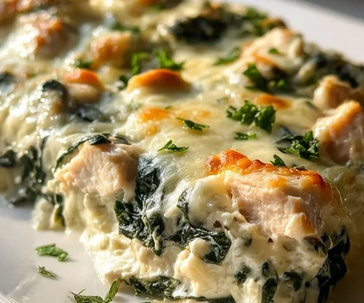 Creamy chicken and spinach casserole in a baking dish, garnished with herbs.