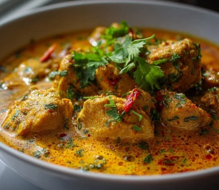 Bowl of creamy spiced chicken curry garnished with fresh herbs and served with rice