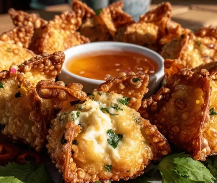 Crispy air fryer crab rangoon served with sweet chili sauce