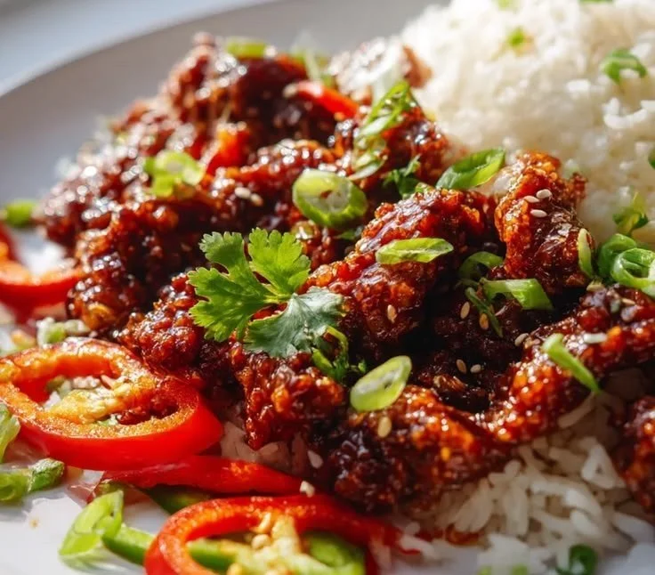 Crispy Beef Delight served with spicy rice on a plate