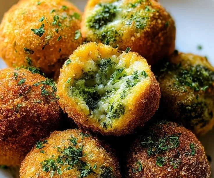 Crispy broccoli cheese balls served on a plate with dipping sauce