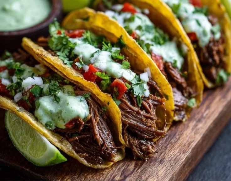 Crockpot Beef Skirt Tacos with Cilantro Lime Garlic Sauce