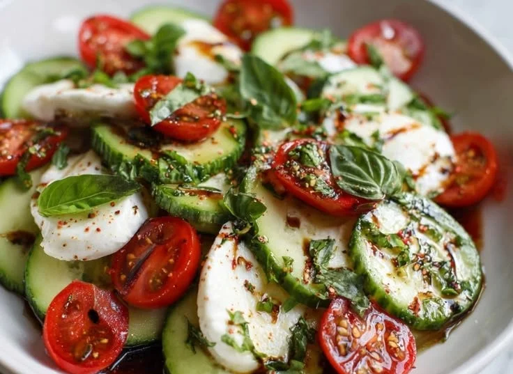 Fresh Cucumber Caprese salad with tomatoes and mozzarella cheese