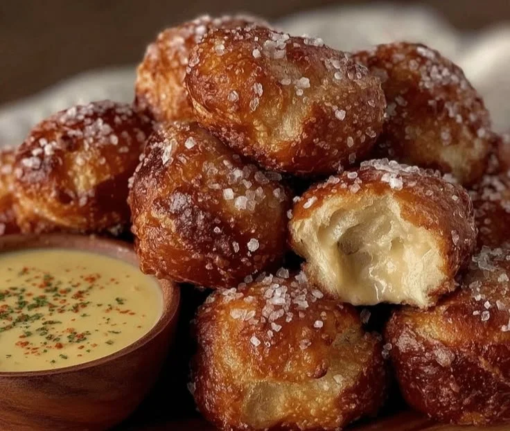 Homemade soft pretzel bites served with creamy beer cheese sauce