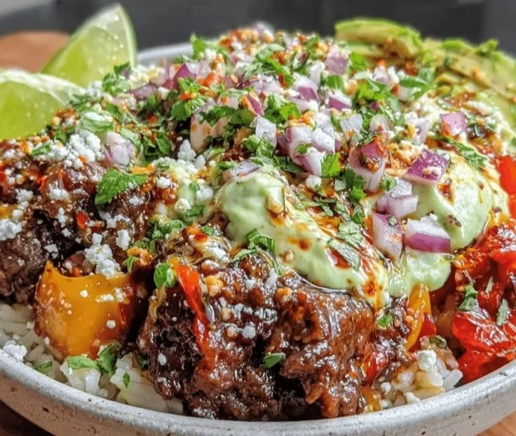 Keto taco bowl with ground beef and avocado crema for low-carb meals