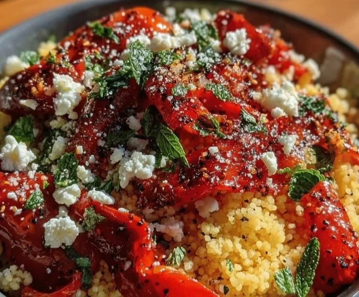 Easy Mediterranean Couscous Salad topped with feta cheese and fresh vegetables.