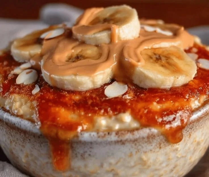Bowl of easy overnight steel-cut oats with caramelized banana topping