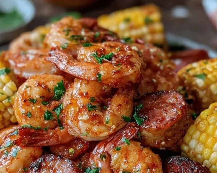Easy Sheet Pan Shrimp Boil served on a platter with corn and potatoes