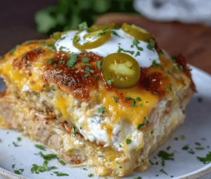 Easy slow cooker green chile chicken enchilada casserole in a ceramic dish