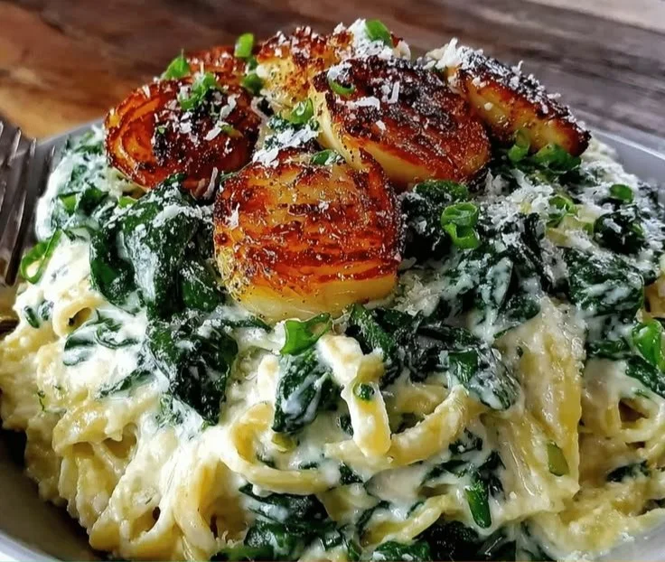 Creamy vegan cashew alfredo pasta with roasted garlic on a plate