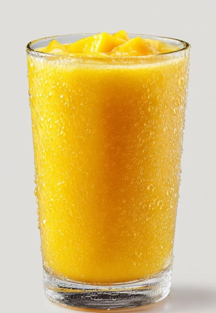A glass of fresh mango juice with ripe mangoes and tropical leaves in the background.