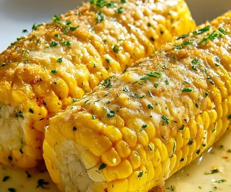 Delicious Garlic Parmesan Corn on the Cob served with fresh herbs