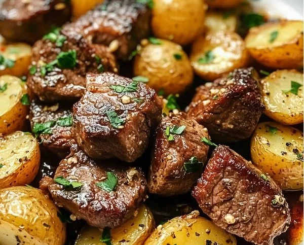 Delicious garlic steak pieces served with roasted potatoes on a plate