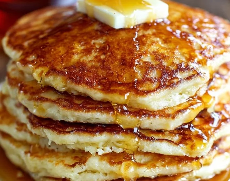 Fluffy gluten-free pancakes served with syrup and fresh berries
