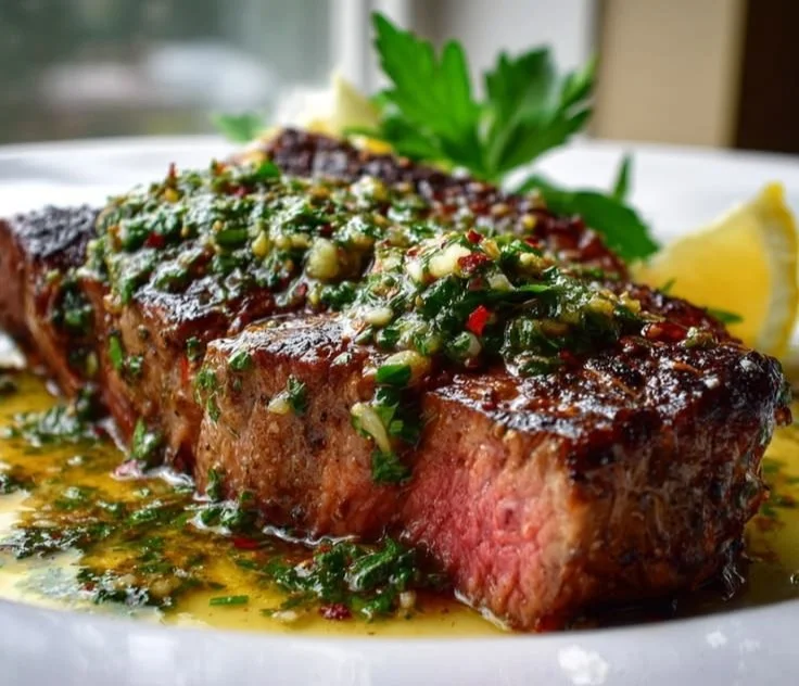 Grilled steak topped with vibrant chimichurri sauce on a wooden cutting board