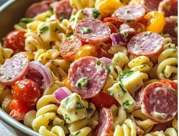 Colorful Grinder Pasta Salad with Salami and Provolone served in a bowl