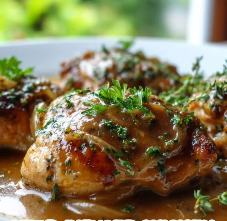 Herb-infused chicken thighs served in savory gravy with fresh herbs.