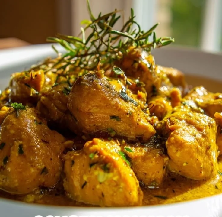 Plate of flavorful Jamaican Curry Chicken garnished with herbs