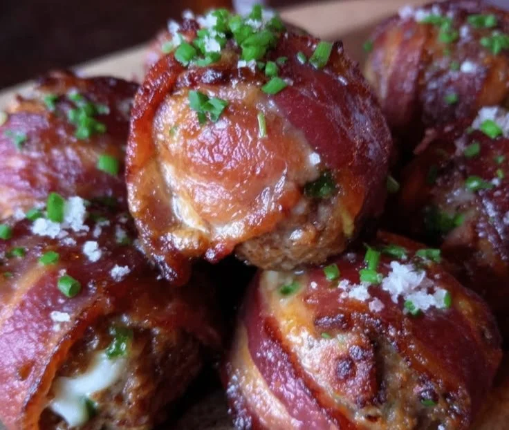 Keto bacon-wrapped jalapeño popper meatballs served on a platter