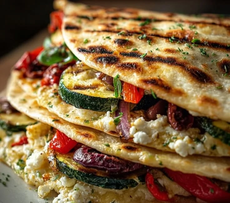 Delicious Mediterranean vegetable quesadillas filled with fresh veggies and cheese.