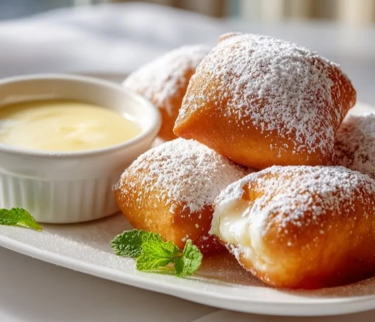 Delicious New Orleans beignets filled with custard, dusted with powdered sugar