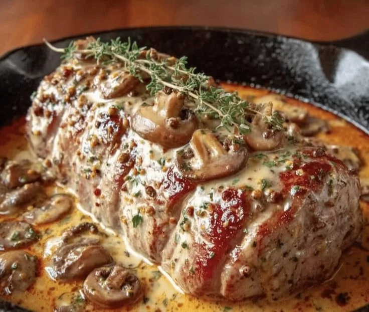 One-Pan Creamy Dijon Pork Tenderloin with Mushroom Sauce served on a plate