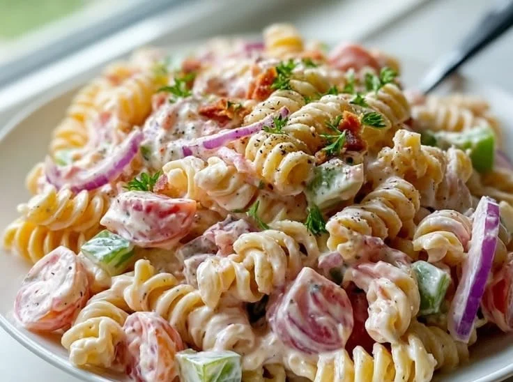 Delicious Pink Cadillac Pasta Salad served in a bowl with vibrant colors.