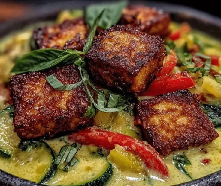 Quick Vegan Thai Green Curry with Crispy Tofu served in a bowl