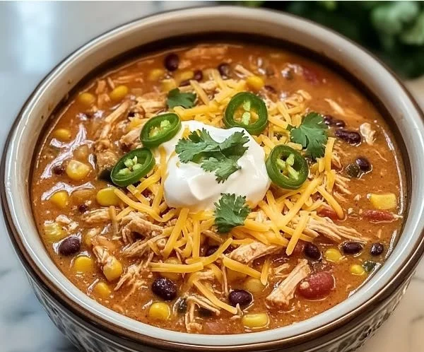 Bowl of Slow Cooker Crack Chicken Chili topped with cheese and green onions
