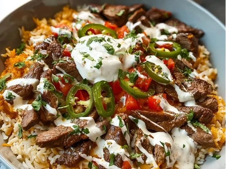 Delicious Steak Queso Rice Bowl with steak, queso, and rice