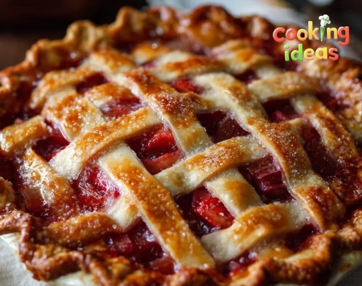 Delicious homemade Strawberry Rhubarb Pie served on a rustic wooden table.