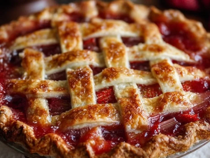 Delicious homemade Strawberry Rhubarb Pie with a flaky crust