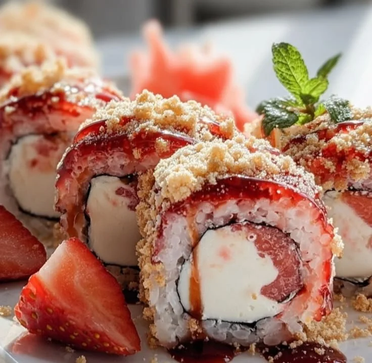 Strawberry Shortcake Sushi Rolls with fresh strawberries and creamy filling