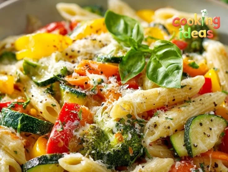 A bowl of colorful vegetable pasta with fresh veggies and herbs
