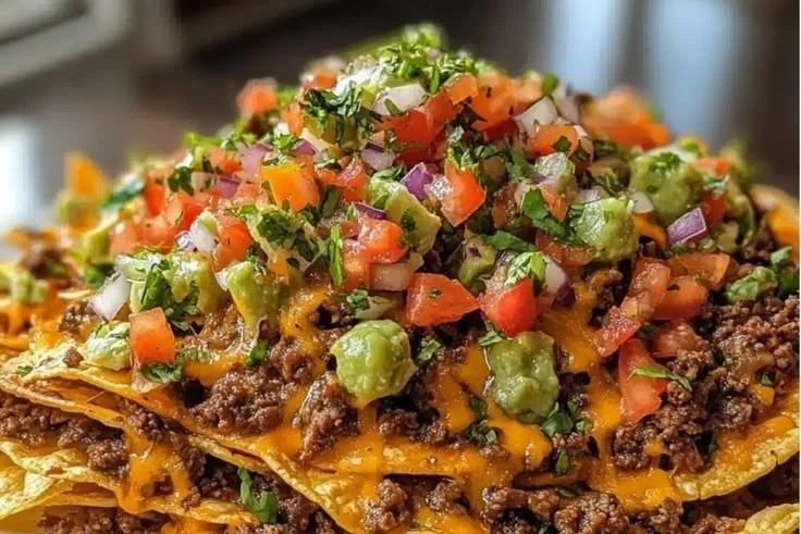 Delicious loaded beef nachos supreme topped with cheese and jalapenos.