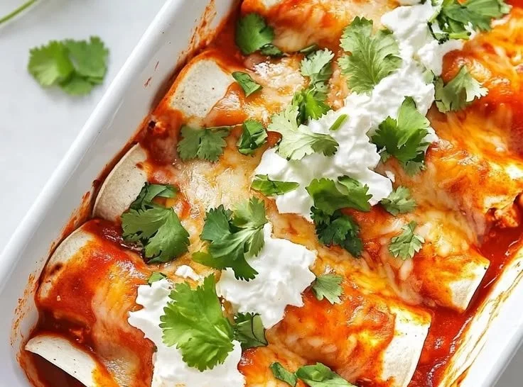 Plate of Chicken and Goat Cheese Enchiladas garnished with fresh herbs