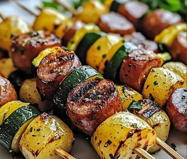 Delicious Cowboy Butter Kielbasa and Potato Skewers on a grill