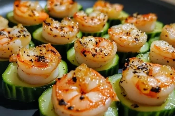 Delicious shrimp cucumber appetizer bites served on a platter.
