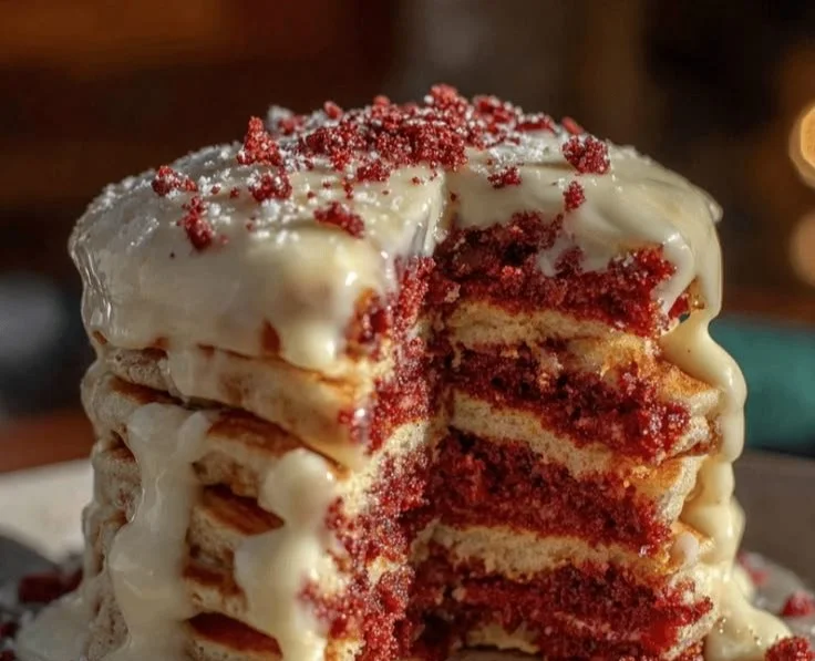 Fluffy red velvet pancakes with cream cheese drizzle on a plate