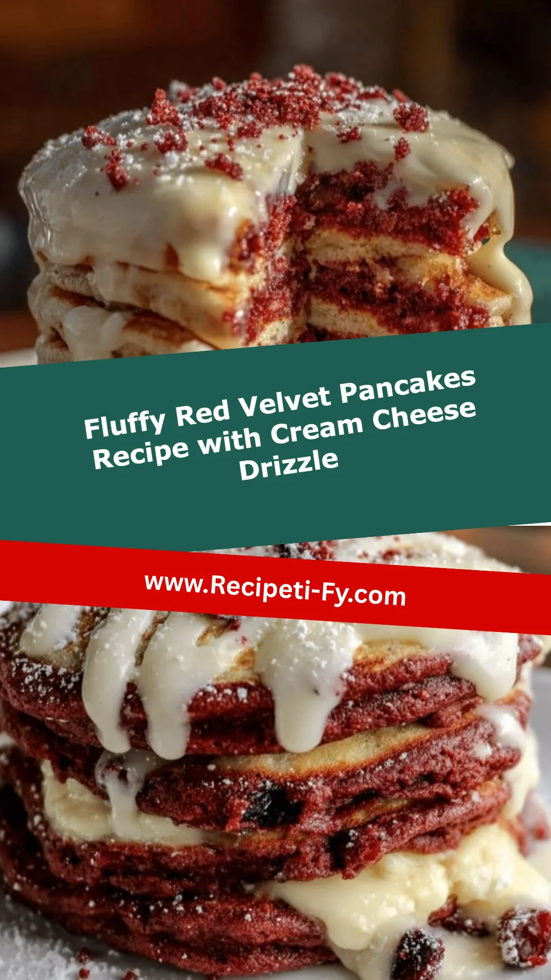 Fluffy Red Velvet Pancakes Recipe with Cream Cheese Drizzle