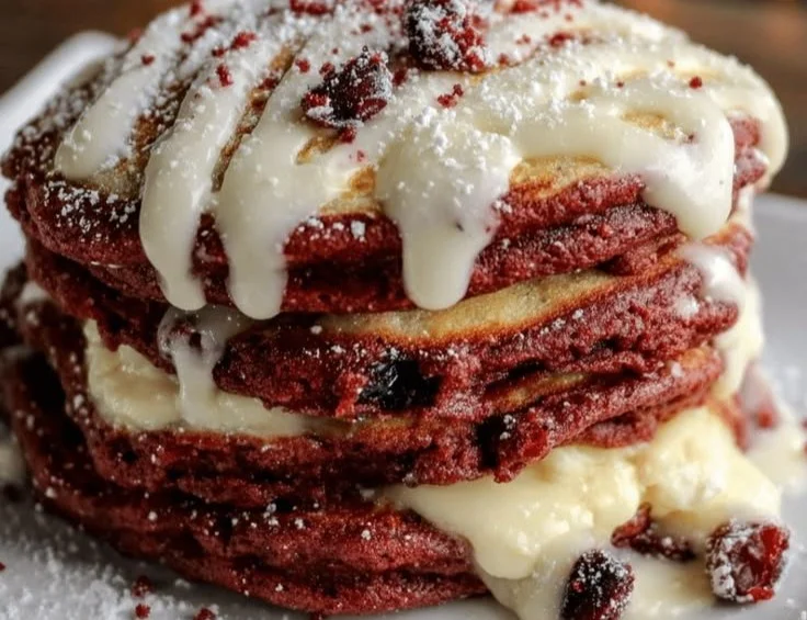 Fluffy Red Velvet Pancakes Recipe with Cream Cheese Drizzle