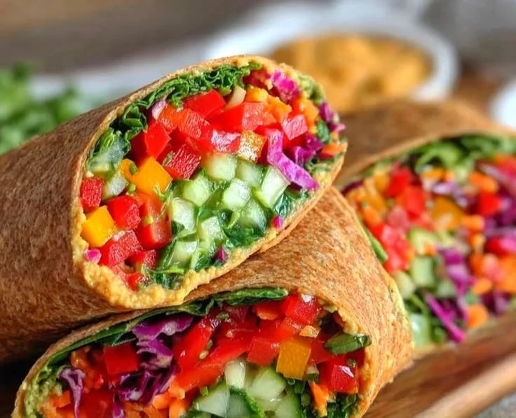 Fresh Rainbow Veggie Hummus Wrap with colorful vegetables wrapped in a tortilla.