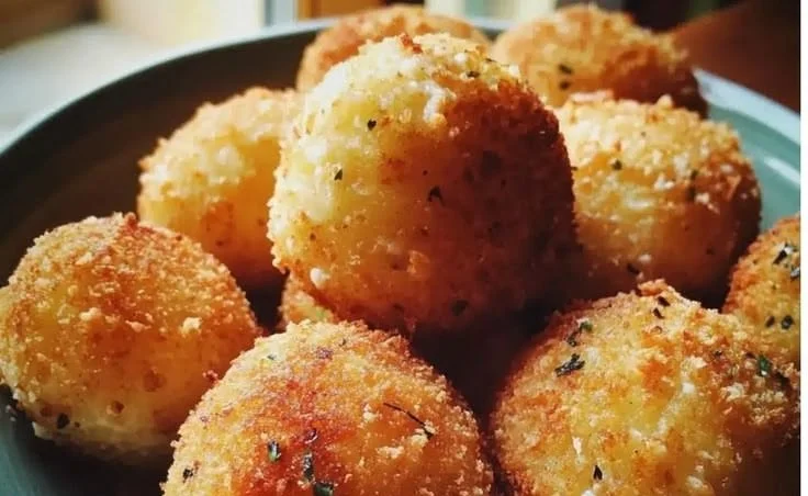 Crispy potato cheese croquette balls on a plate, garnished with herbs