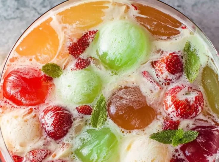 Colorful bowl of Rainbow Sherbet Punch served at a festive gathering.