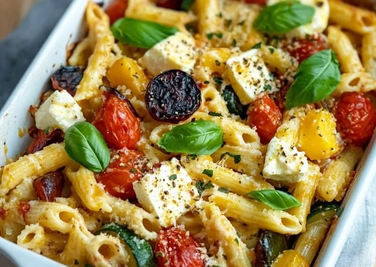 Roasted vegetable baked feta pasta served in a bowl with fresh herbs