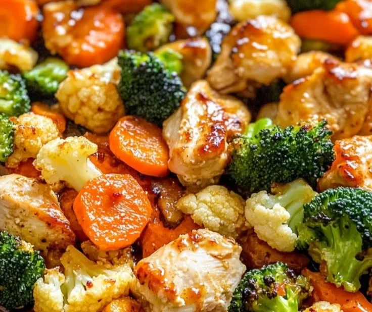 Sweet Chili Roasted Chicken served with colorful vegetables on a plate.