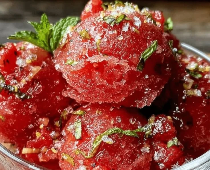Bowl of homemade watermelon mint sorbet garnished with fresh mint leaves