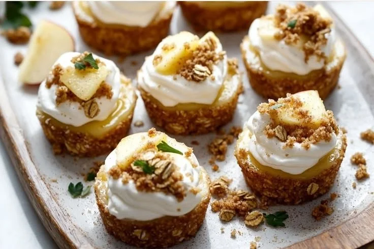 Delicious Apple Crisp Mini Cheesecakes topped with cinnamon and apples.